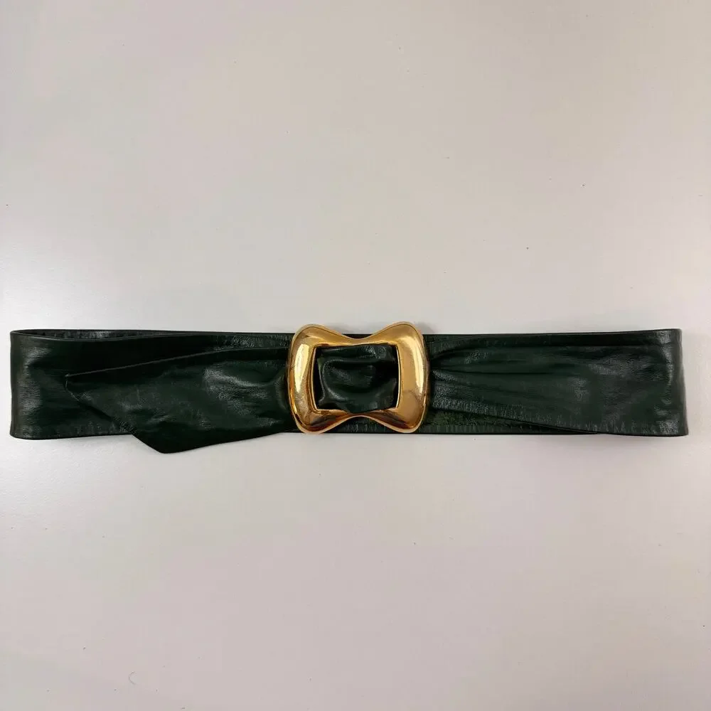 VTG Ceinture Emmanuel Canada Women Belt Green Genuine Leather Gold Brass Buckle